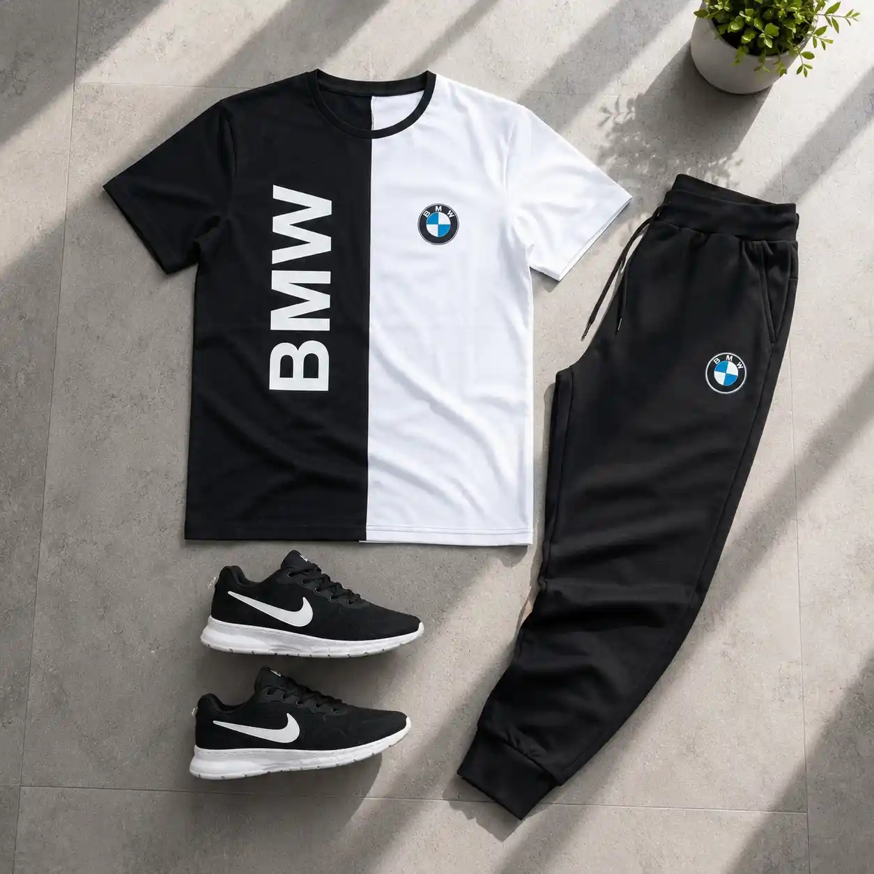 پکیج ست تیشرت شلوار bmw مردانه مدل Noman  کفش ورزشی مدل Pavlo