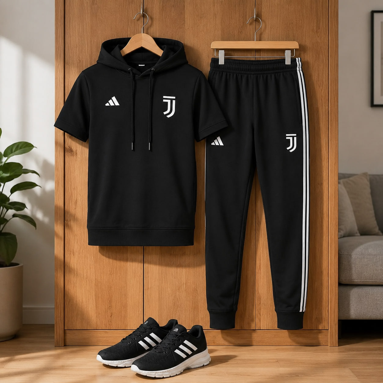 پکیج ست تیشرت کلاهدار و شلوار مردانه مدل Juventus  کفش ورزشی مردانه مدل Alshen