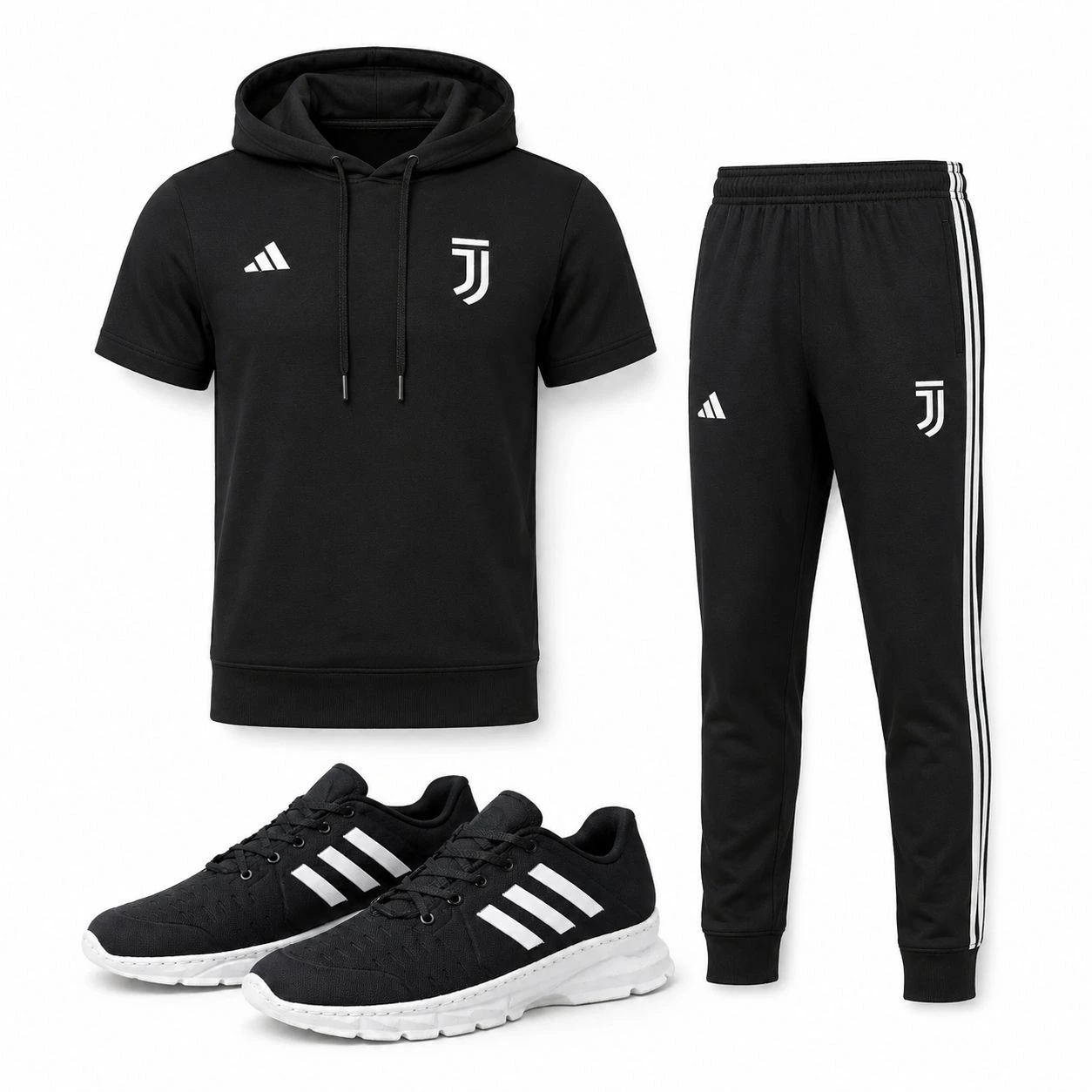 پکیج ست تیشرت کلاهدار و شلوار مردانه مدل Juventus  کفش ورزشی مردانه مدل Alshen