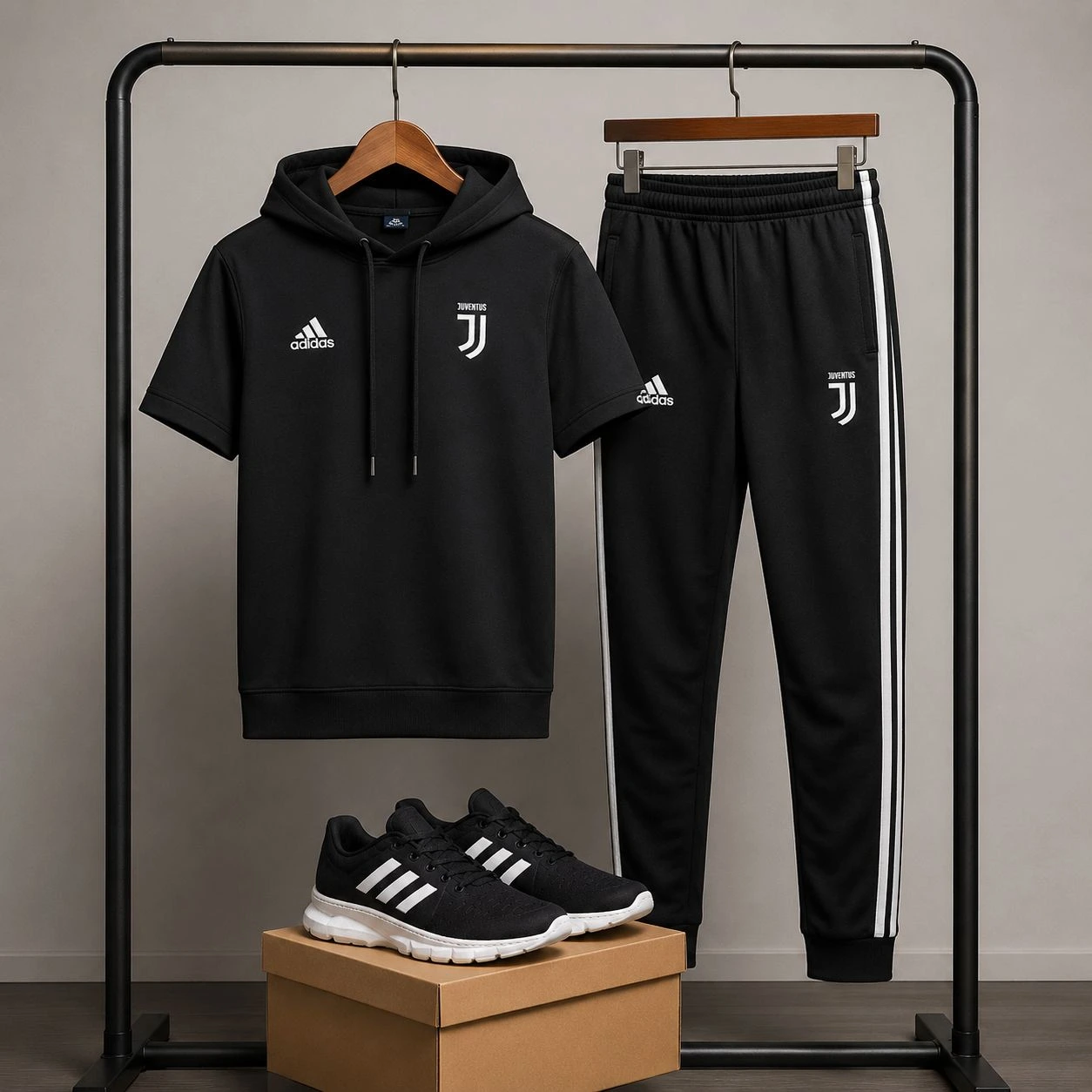 پکیج ست تیشرت کلاهدار و شلوار مردانه مدل Juventus  کفش ورزشی مردانه مدل Alshen