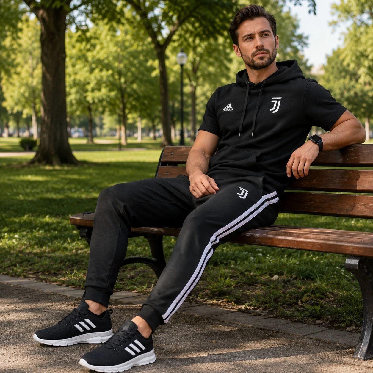 پکیج ست تیشرت کلاهدار و شلوار مردانه مدل Juventus  کفش ورزشی مردانه مدل Alshen
