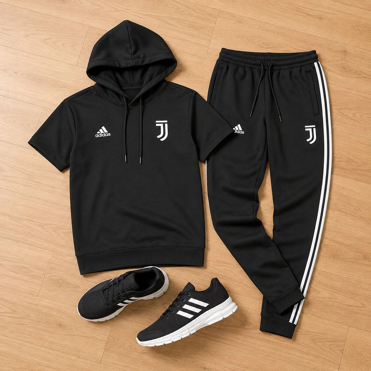 پکیج ست تیشرت کلاهدار و شلوار مردانه مدل Juventus  کفش ورزشی مردانه مدل Alshen