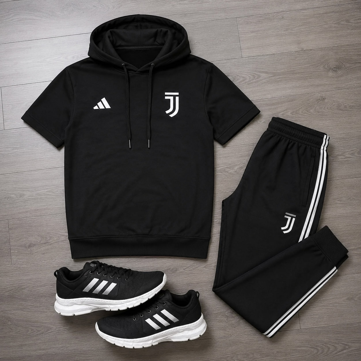 پکیج ست تیشرت کلاهدار و شلوار مردانه مدل Juventus  کفش ورزشی مردانه مدل Alshen