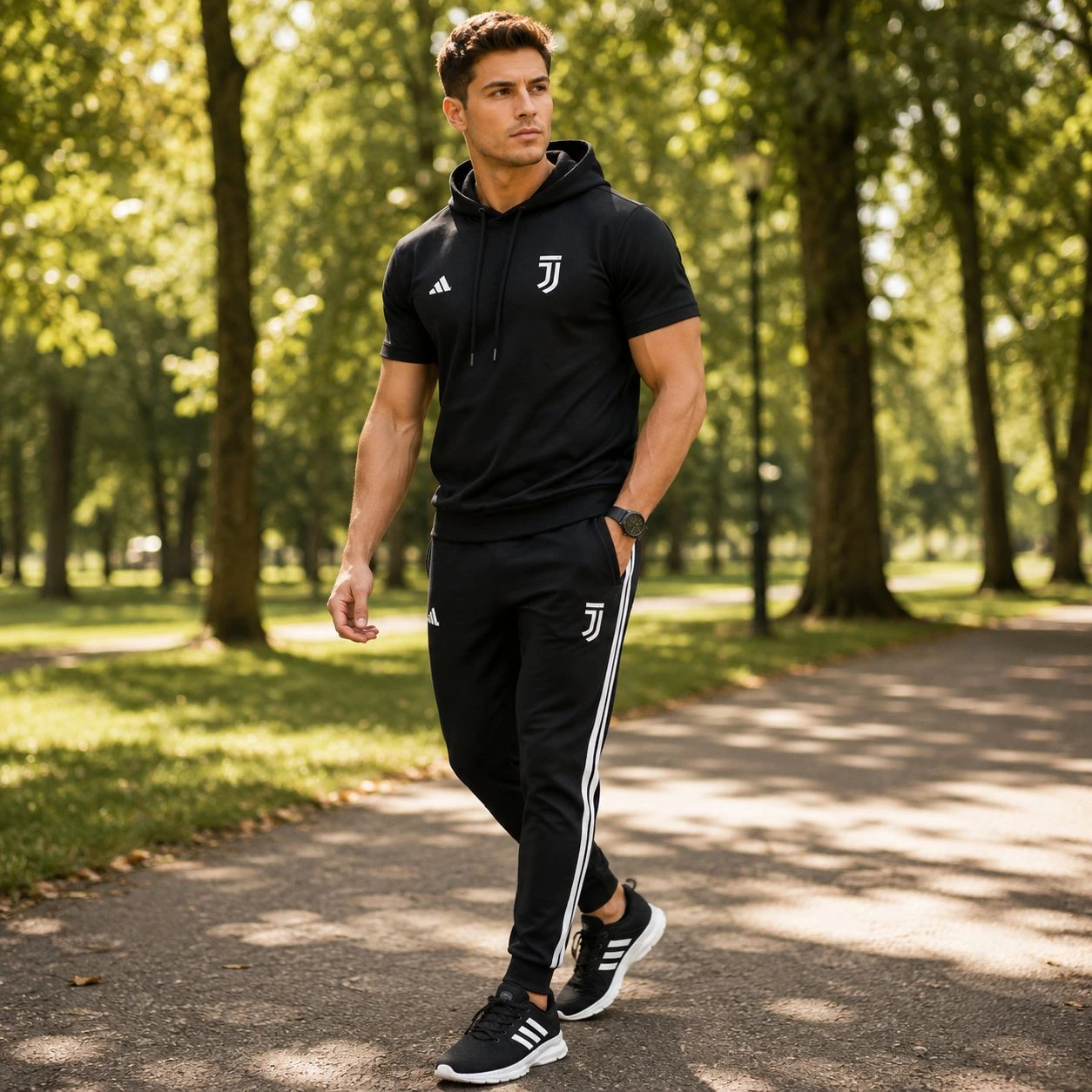 پکیج ست تیشرت کلاهدار و شلوار مردانه مدل Juventus  کفش ورزشی مردانه مدل Alshen