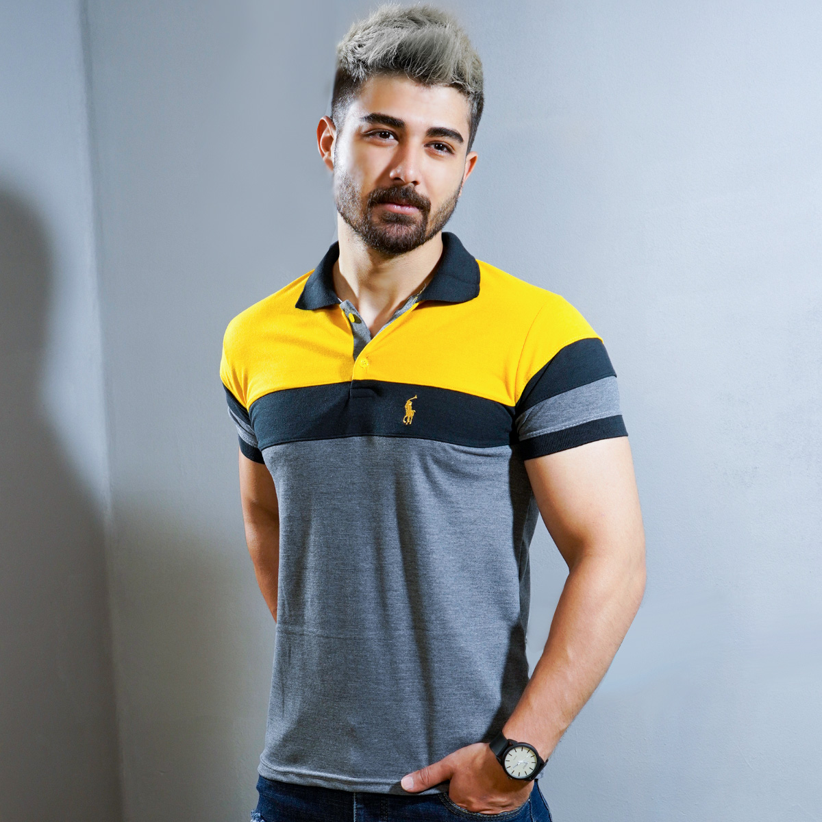 تيشرت مردانه رنگ طوسي زرد مدل chian