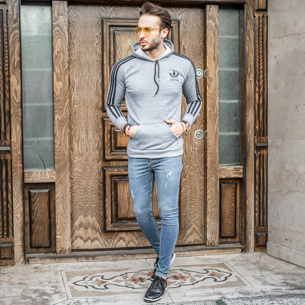 هودی مردانه آدیداس آستین خط دارمدل Tekin