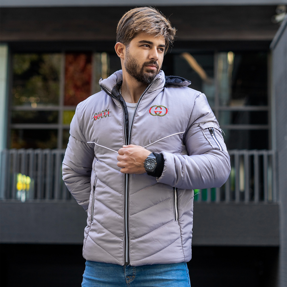 کاپشن مردانه گوچی طوسی مدل D850