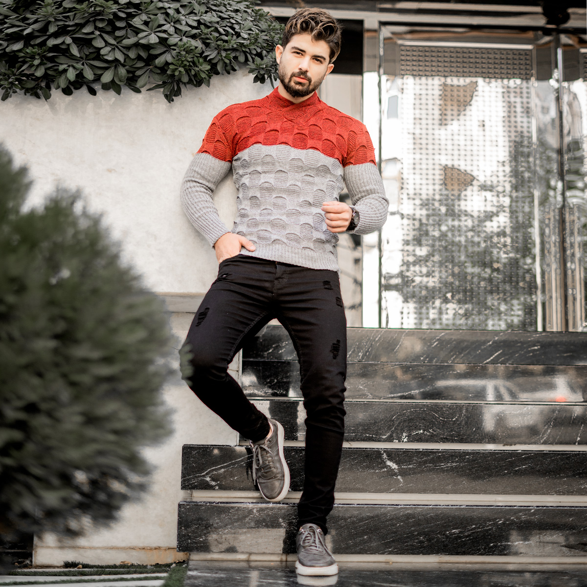 پلیور دورنگ قرمزطوسی مردانه مدلArkia