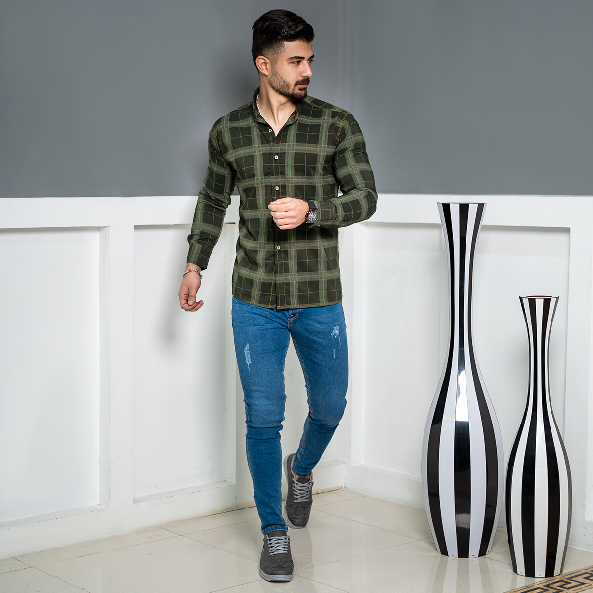پیراهن مردانه چهارخونه سبز مردانه مدل makio