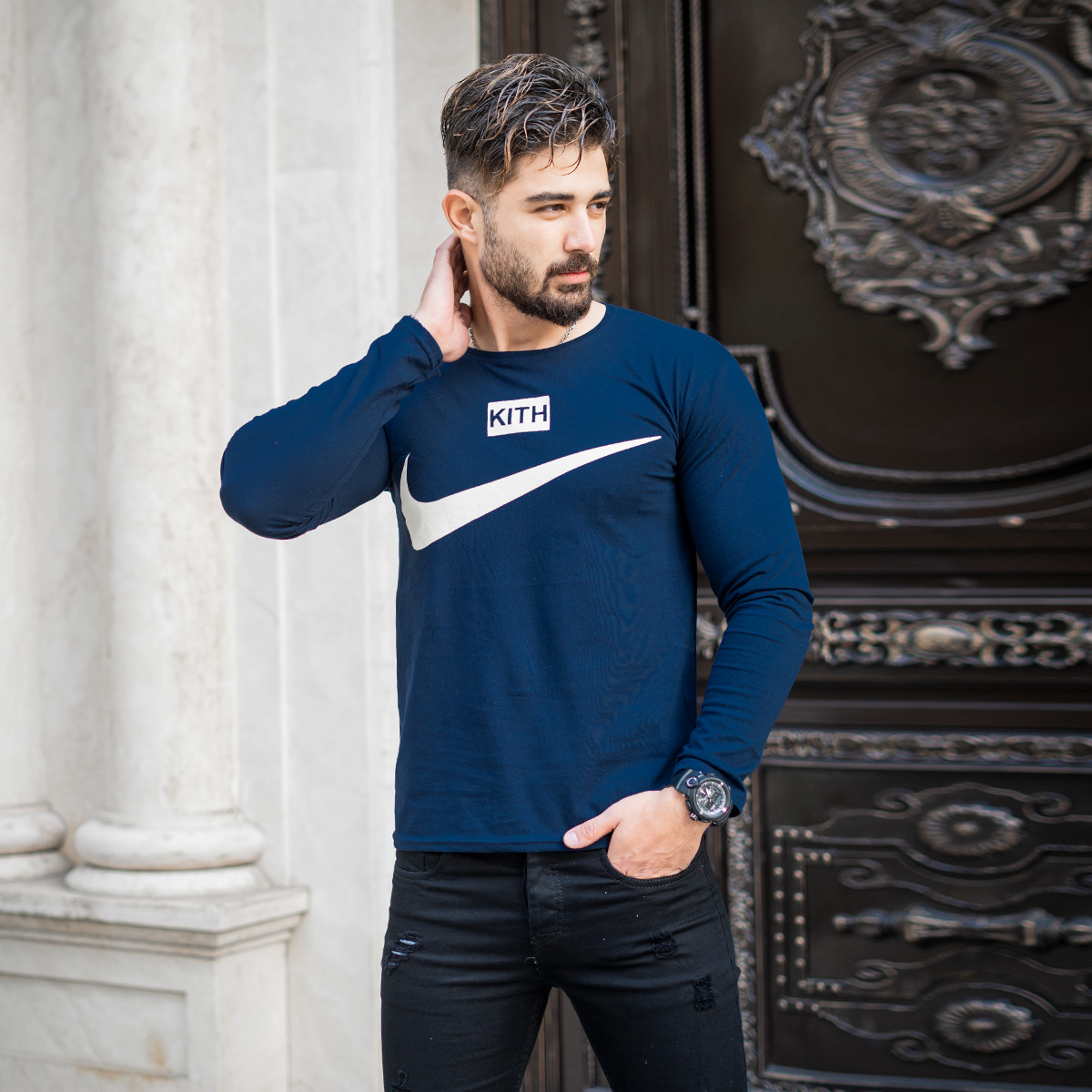 تیشرت آستین بلند مردانه Nike سرمه ای مدل A77