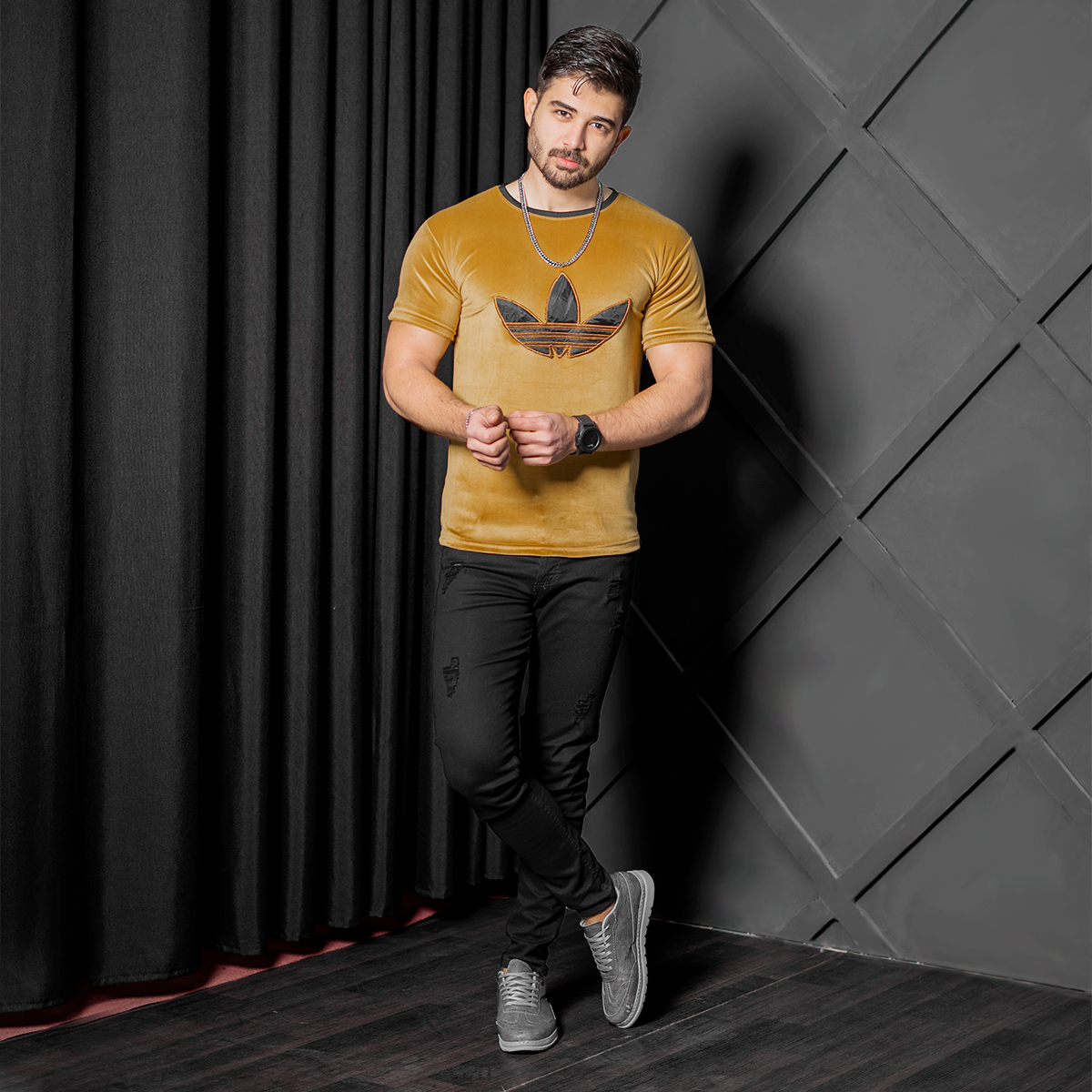 تیشرت مخملی خردلی Adidas مردانه مدلRasa