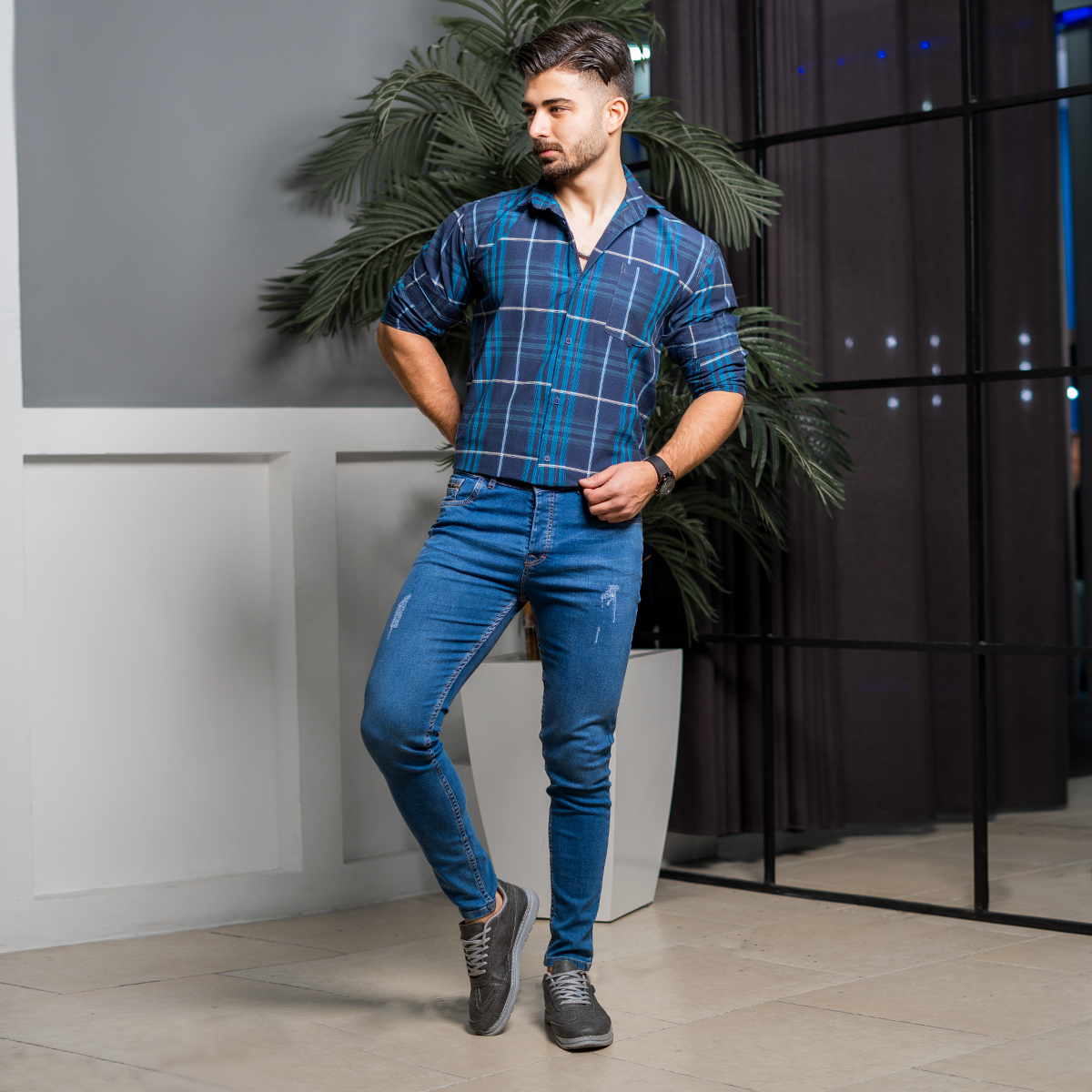 پیراهن مردانه چهارخونه سرمه ای آبی مدل stok