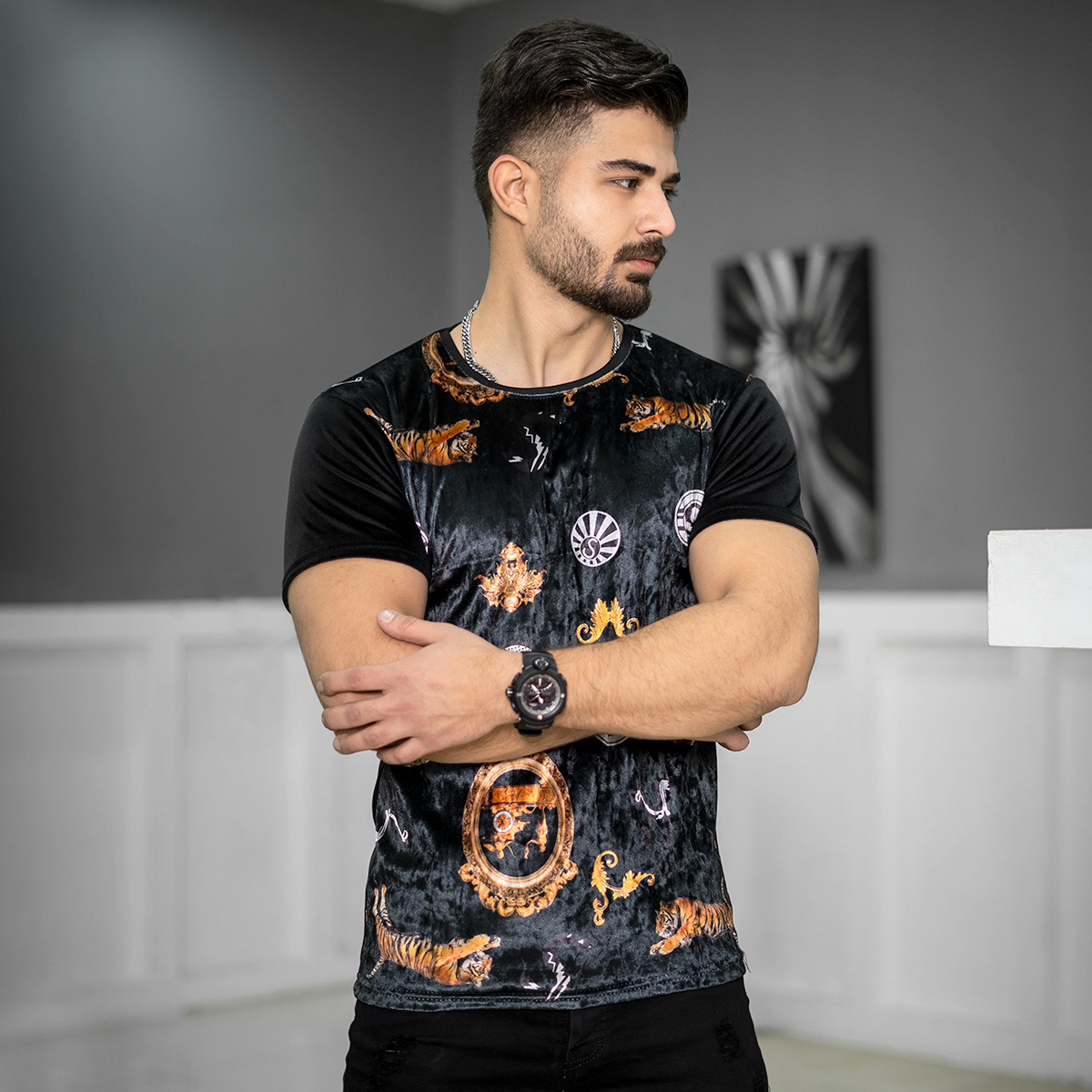 تیشرت مخمل مردانه طرح ببر مدلKami