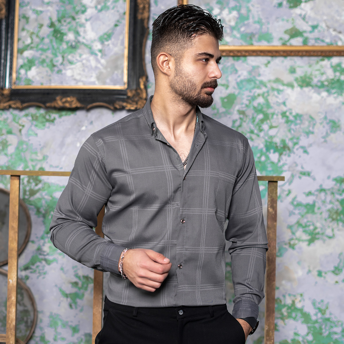 پیراهن مردانه چهارخونه طوسی مدل Ravin