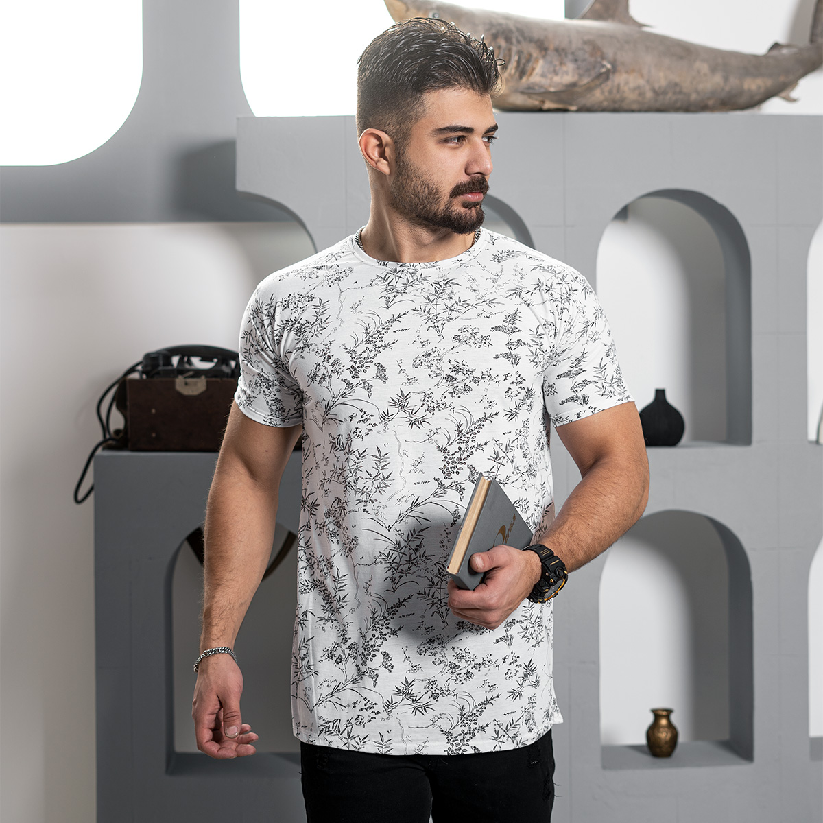 تیشرت مردانه طرح برگ سفید مدل Jeasen