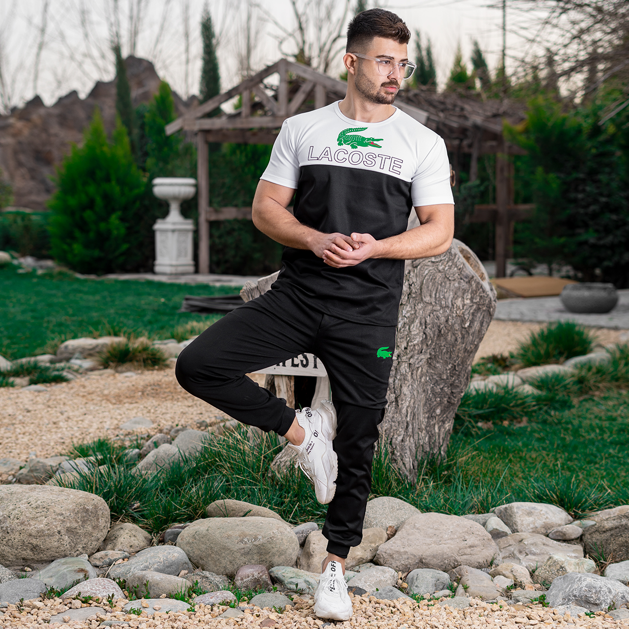 ست تیشرت شلوار مردانه سفید مشکی مدل Lacoste