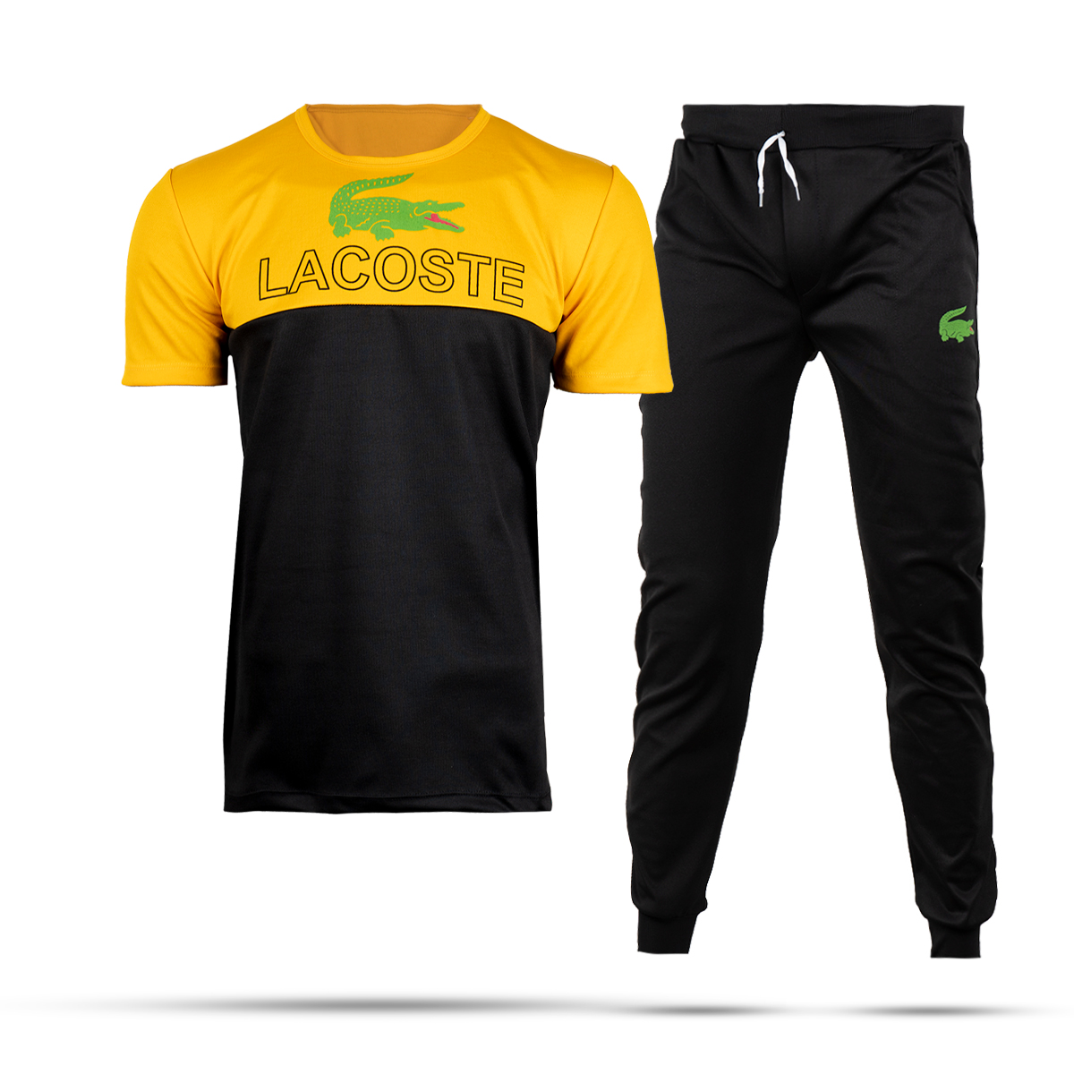 ست تیشرت شلوار مردانه زرد مشکی مدل Lacoste