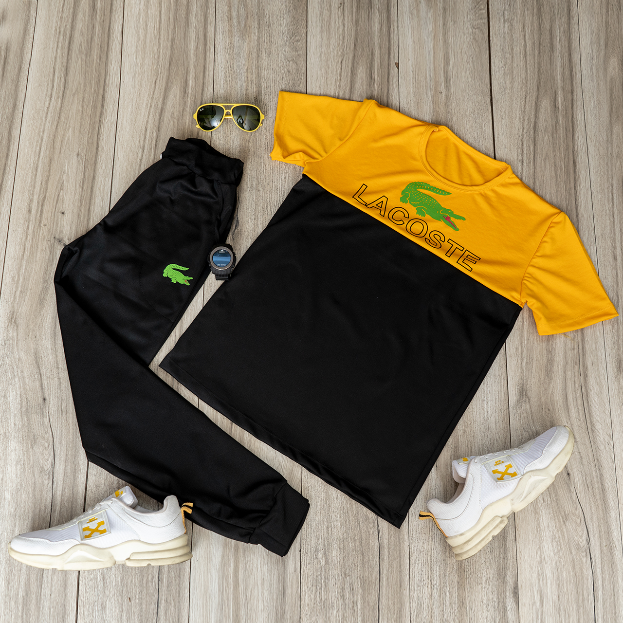 ست تیشرت شلوار مردانه زرد مشکی مدل Lacoste