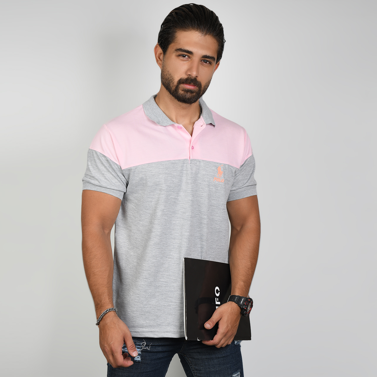 تیشرت مردانه POLO طوسی- صورتی مردانه Mazyar