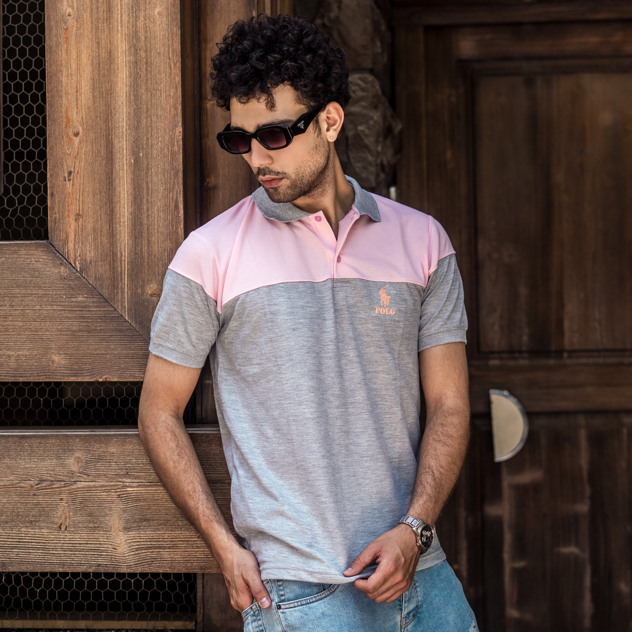 تیشرت مردانه POLO طوسی- صورتی مردانه Mazyar