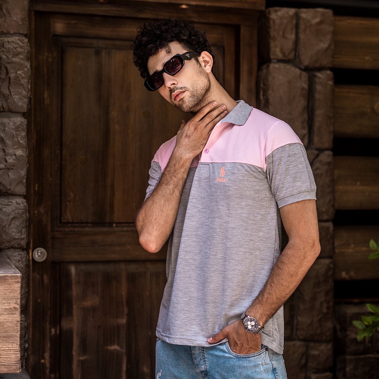 تیشرت مردانه POLO طوسی- صورتی مردانه Mazyar