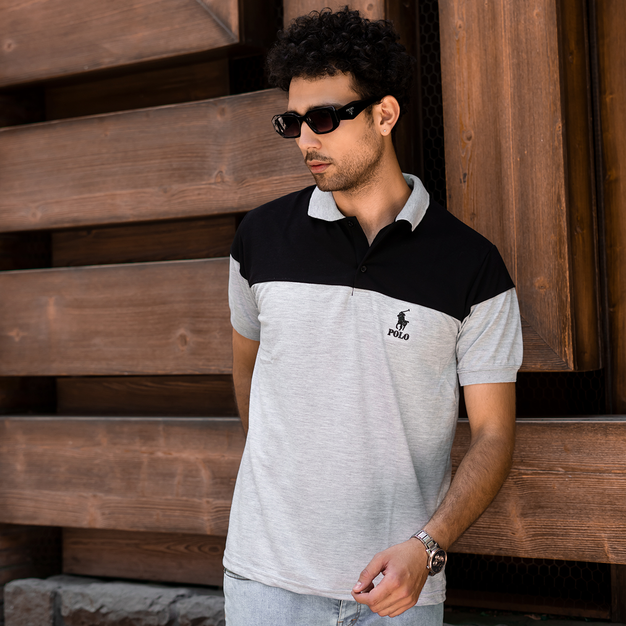 تیشرت مردانه POLO طوسی- مشکی مردانه Mazyar