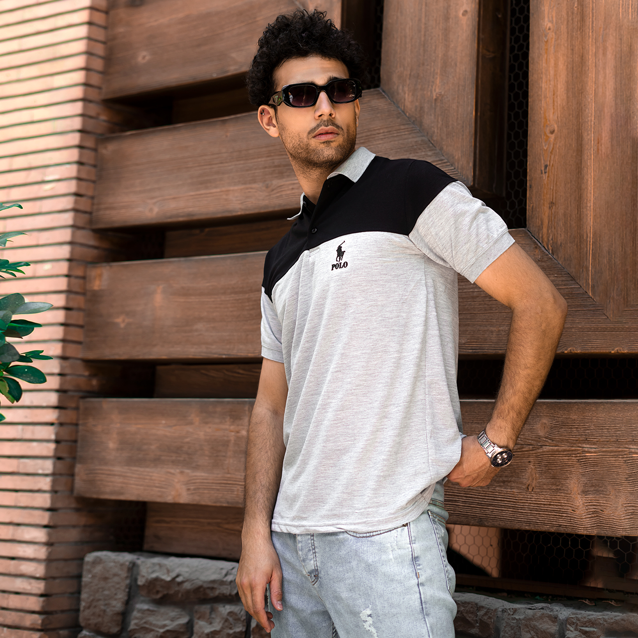 تیشرت مردانه POLO طوسی- مشکی مردانه Mazyar