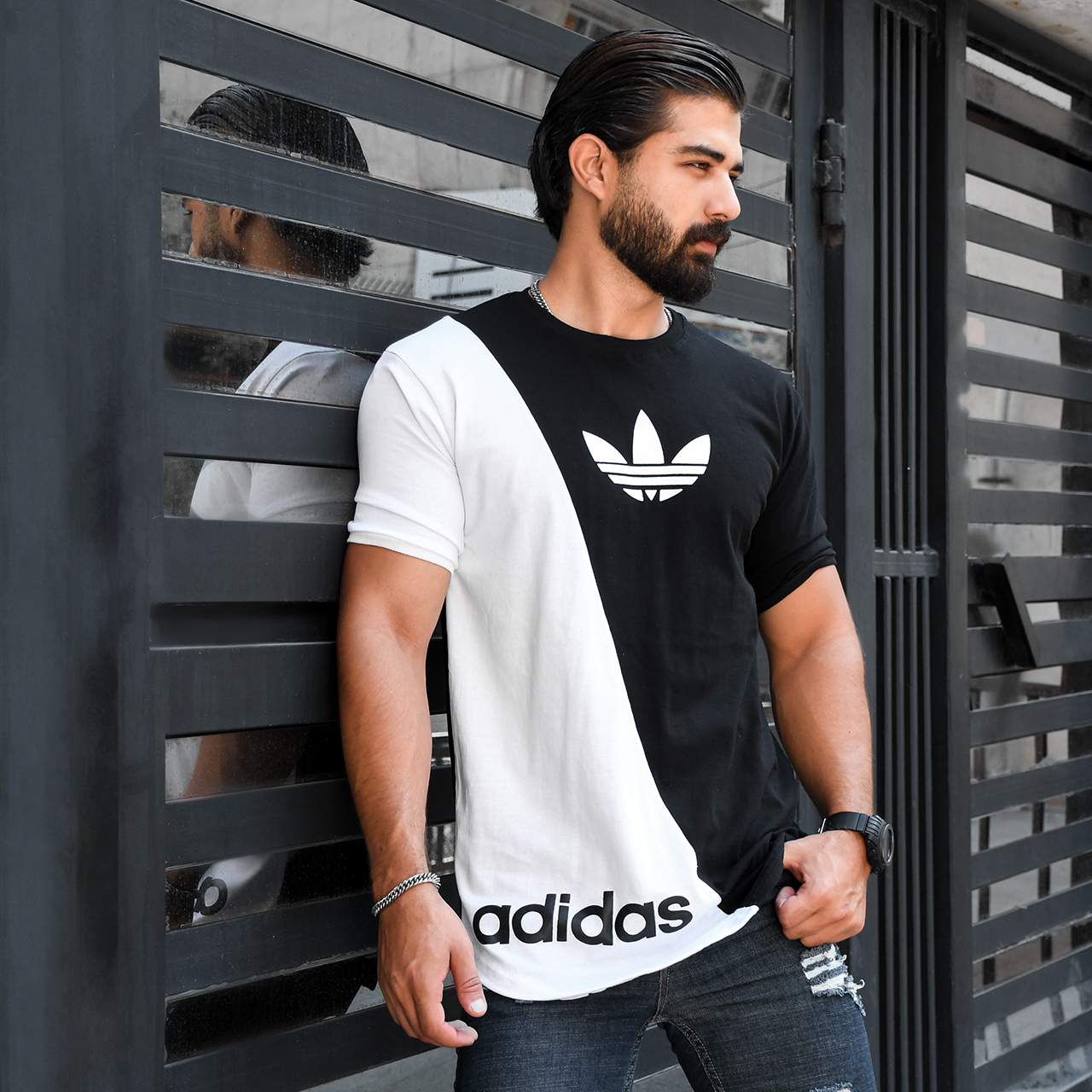 تیشرت Adidas مشکی سفید مردانه مدلBehnam