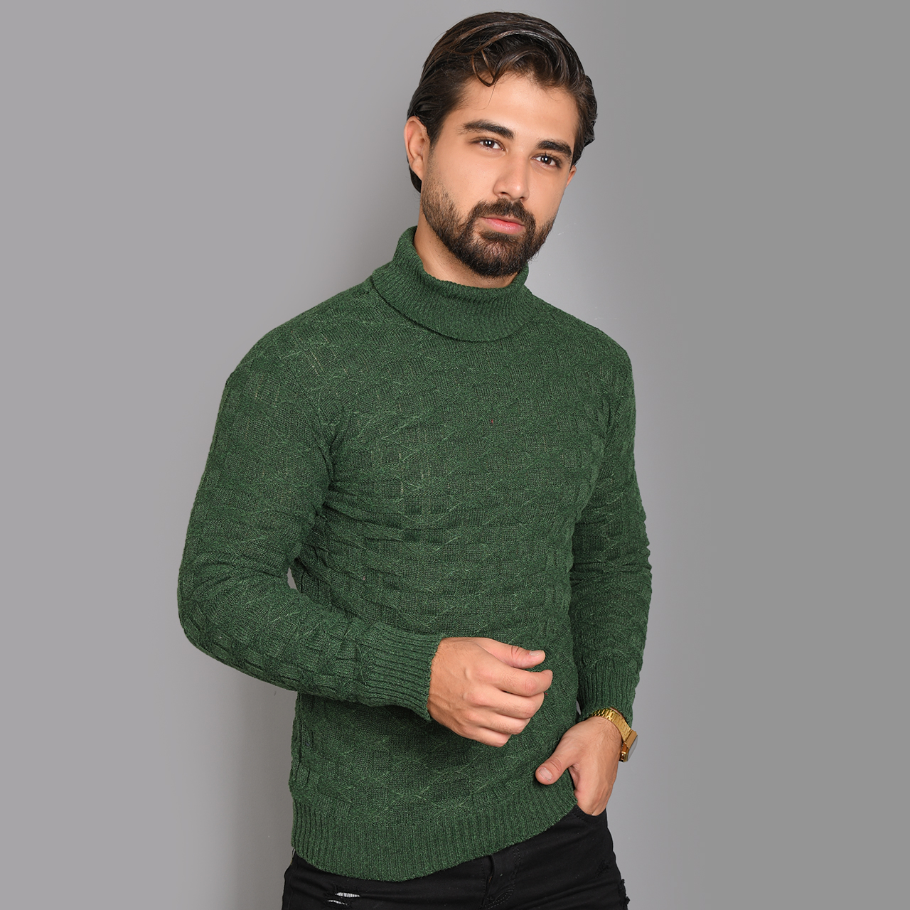 پلیور یقه اسکی سبز طرح لوزی مردانه مدلG10