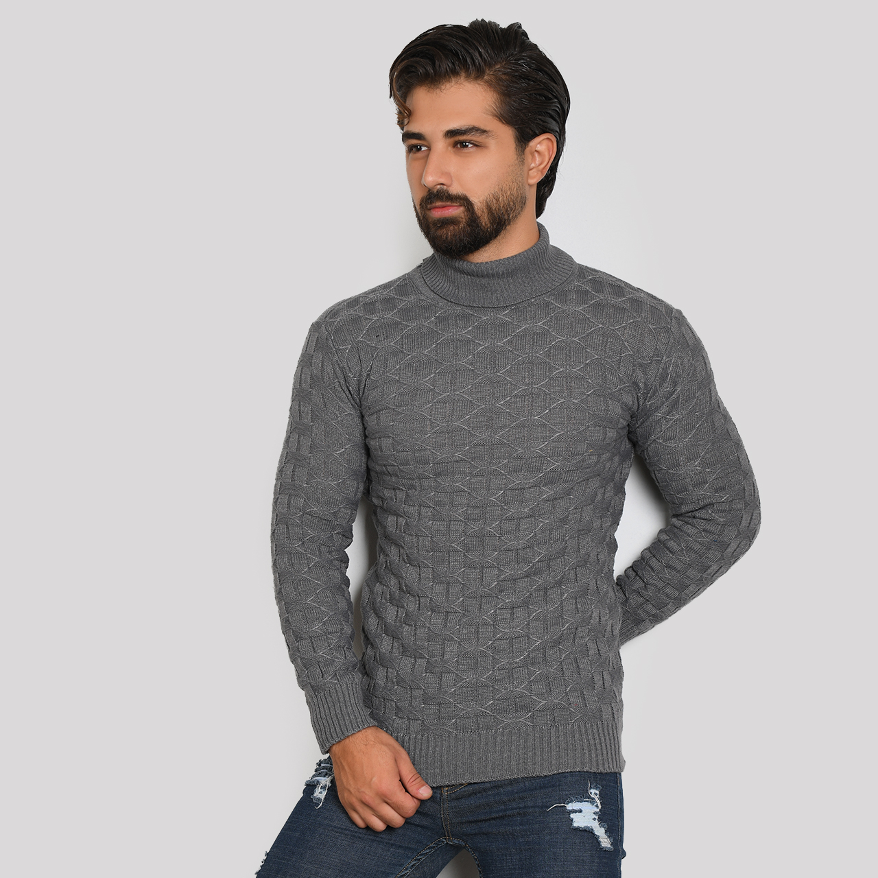 پلیور یقه اسکی طوسی تیره طرح لوزی مردانه مدلG10