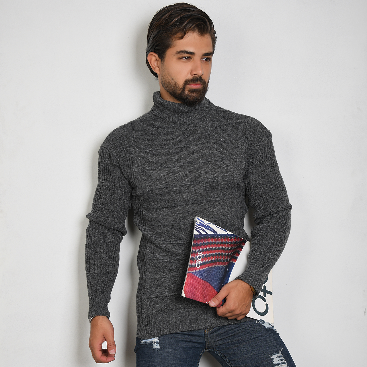 پلیوریقه اسکی طوسی تیره طرح کرکره ای مردانه مدلR10