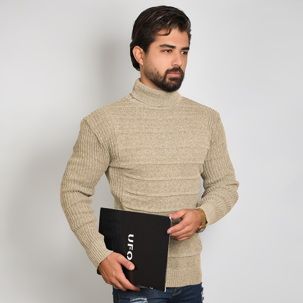 پلیور یقه اسکی کرم طرح کرکره ای مردانه مدلR10