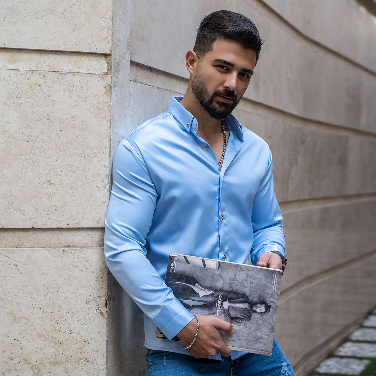 پیراهن ساتن آبی مردانه مدل Rabo