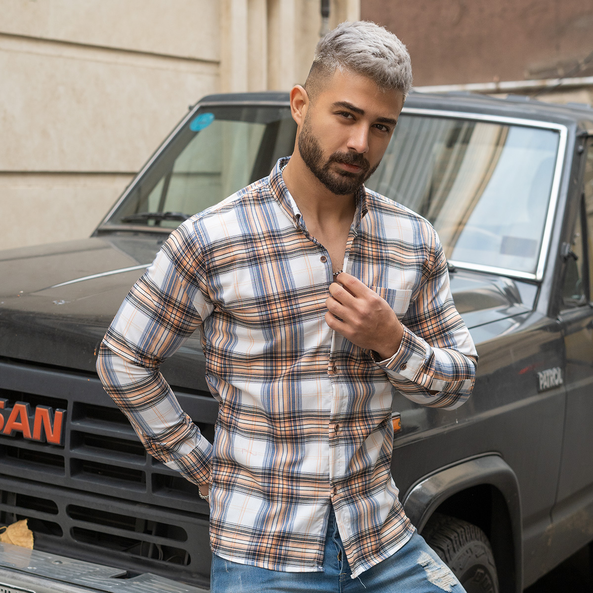 پیراهن مردانه چهارخونه کرم سفیدمدل ahora