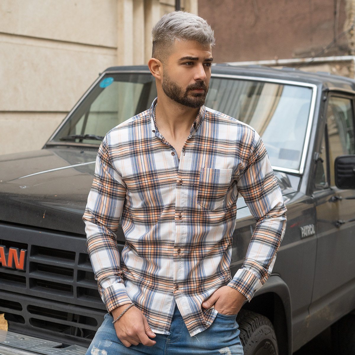 پیراهن مردانه چهارخونه کرم سفیدمدل ahora