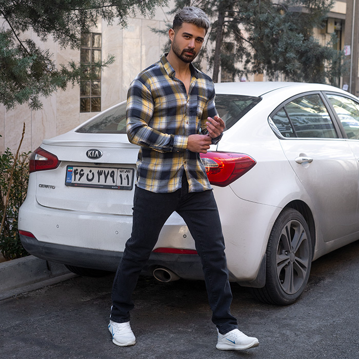 پیراهن مردانه چهارخونه زرد سرمه ای مدل Robert