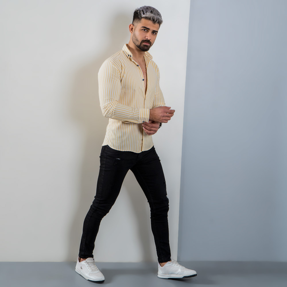 پیراهن راه راه سفید زرد مردانه مدل HAMED