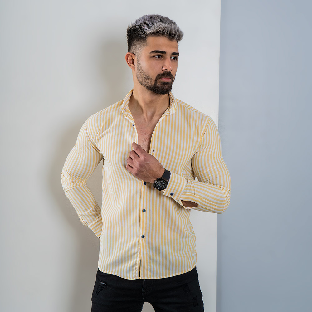 پیراهن راه راه سفید زرد مردانه مدل HAMED