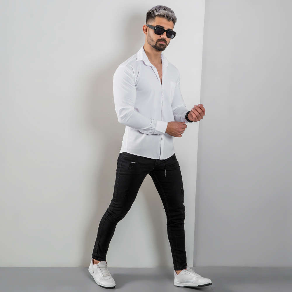 پیراهن مردانه سفید ساده جیب دار مردانه مدل VQ