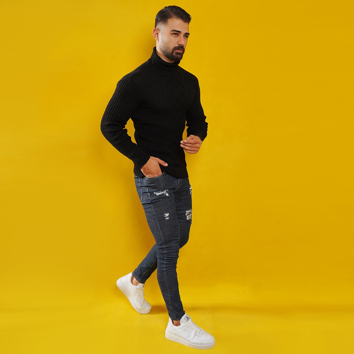 پلیوربافت مردانه مشکی یقه اسکی مدل Hakan