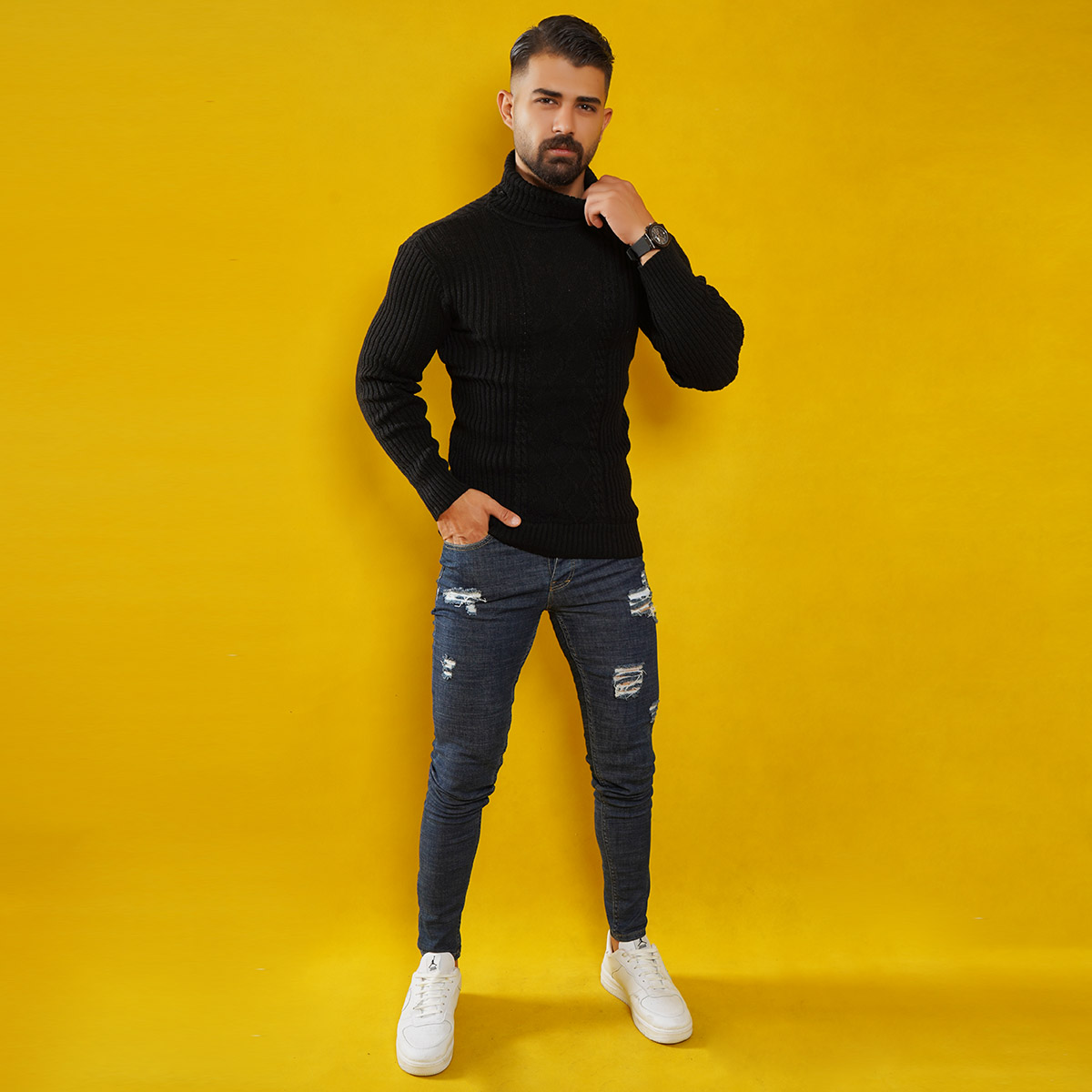 پلیوربافت مردانه مشکی یقه اسکی مدل Hakan