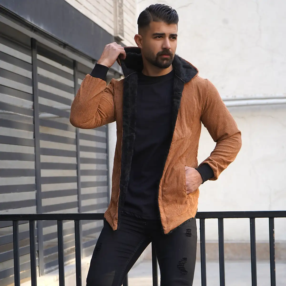 شنل مردانه مخمل کبریتی قهوه ای مدل Alam