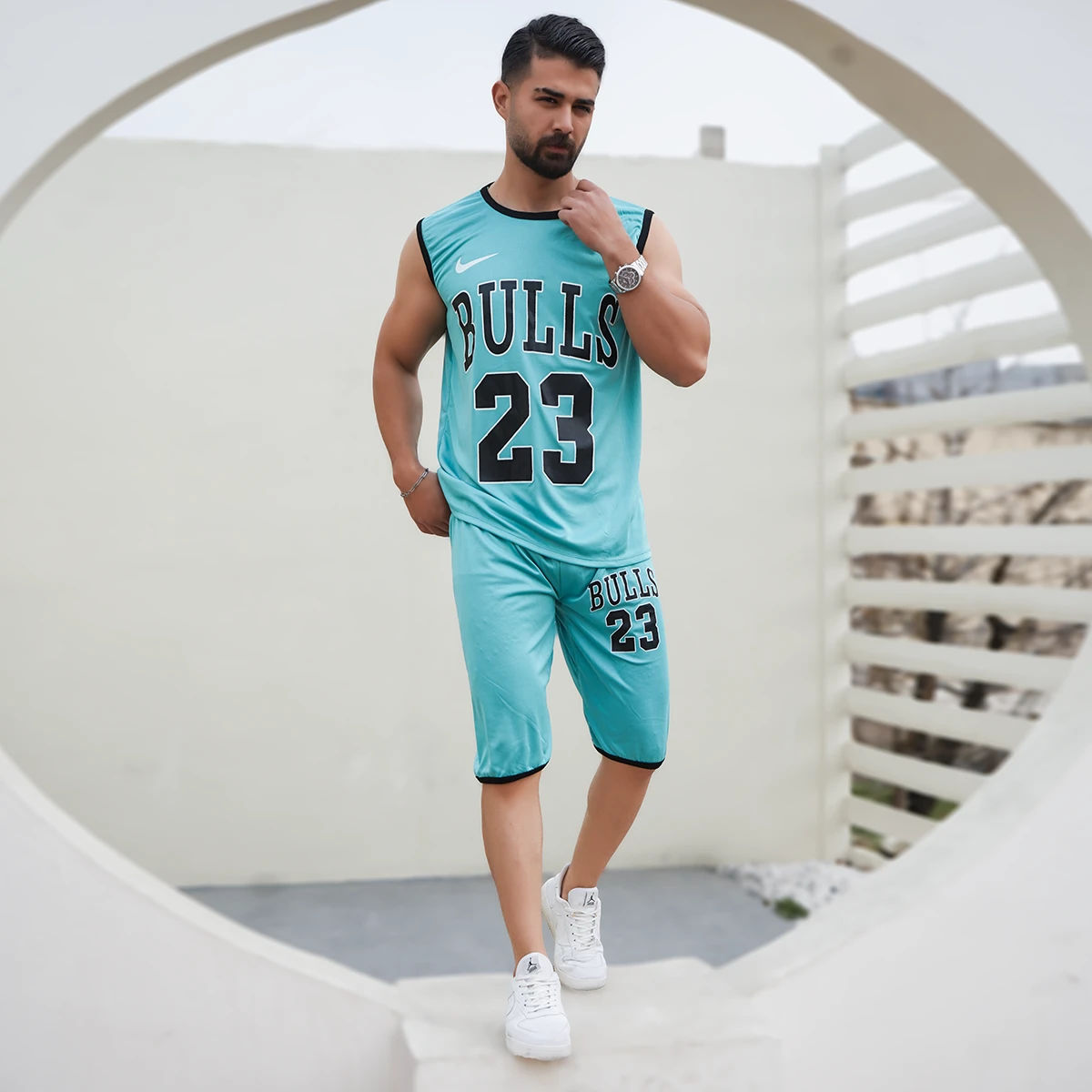 ست رکابی شلوارک سبز مردانه مدل bulls 23