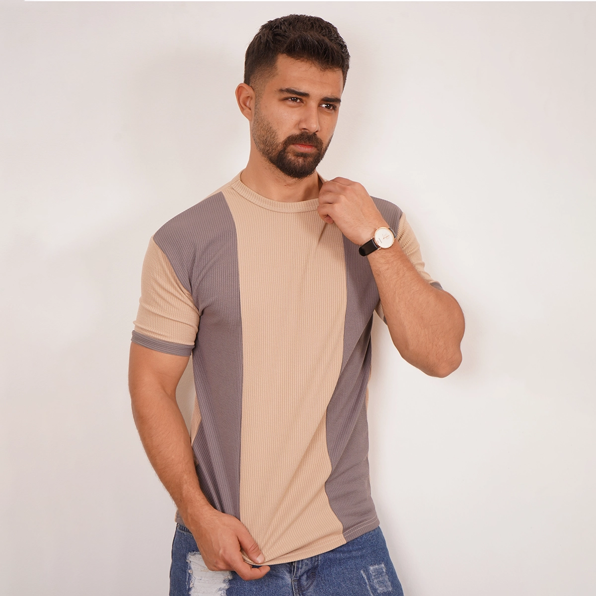 تیشرت مردانه کرم طوسی مدل Kaveh