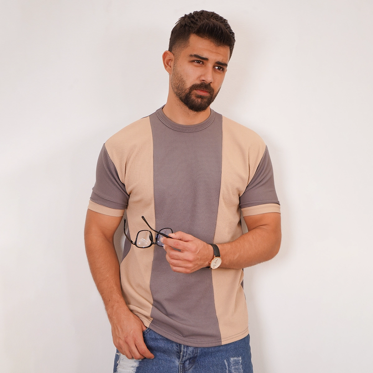 تیشرت مردانه طوسی کرم مدل Kaveh