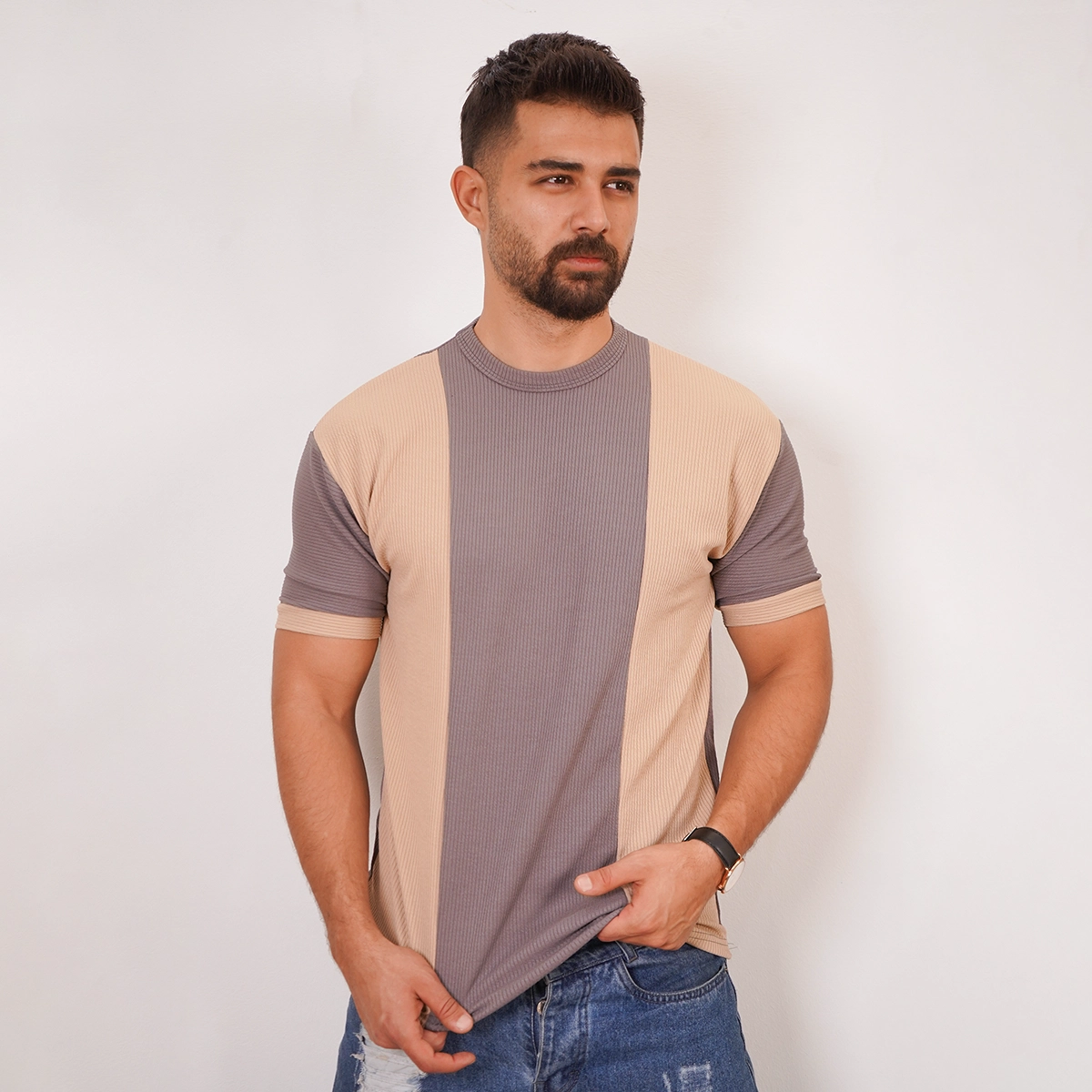 تیشرت مردانه طوسی کرم مدل Kaveh