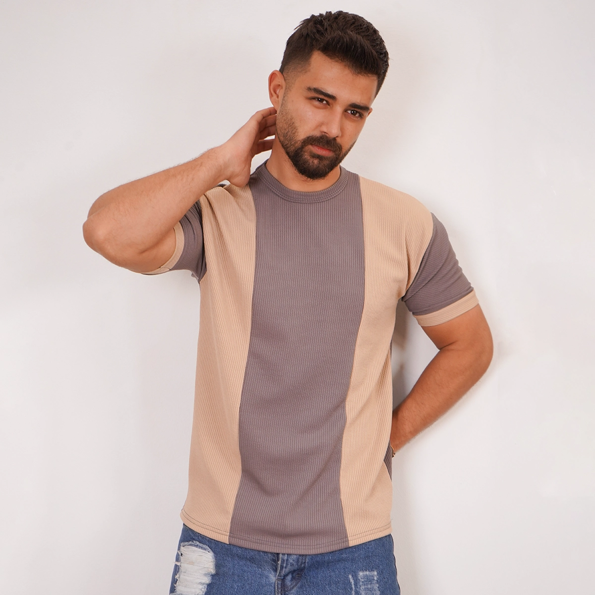 تیشرت مردانه طوسی کرم مدل Kaveh
