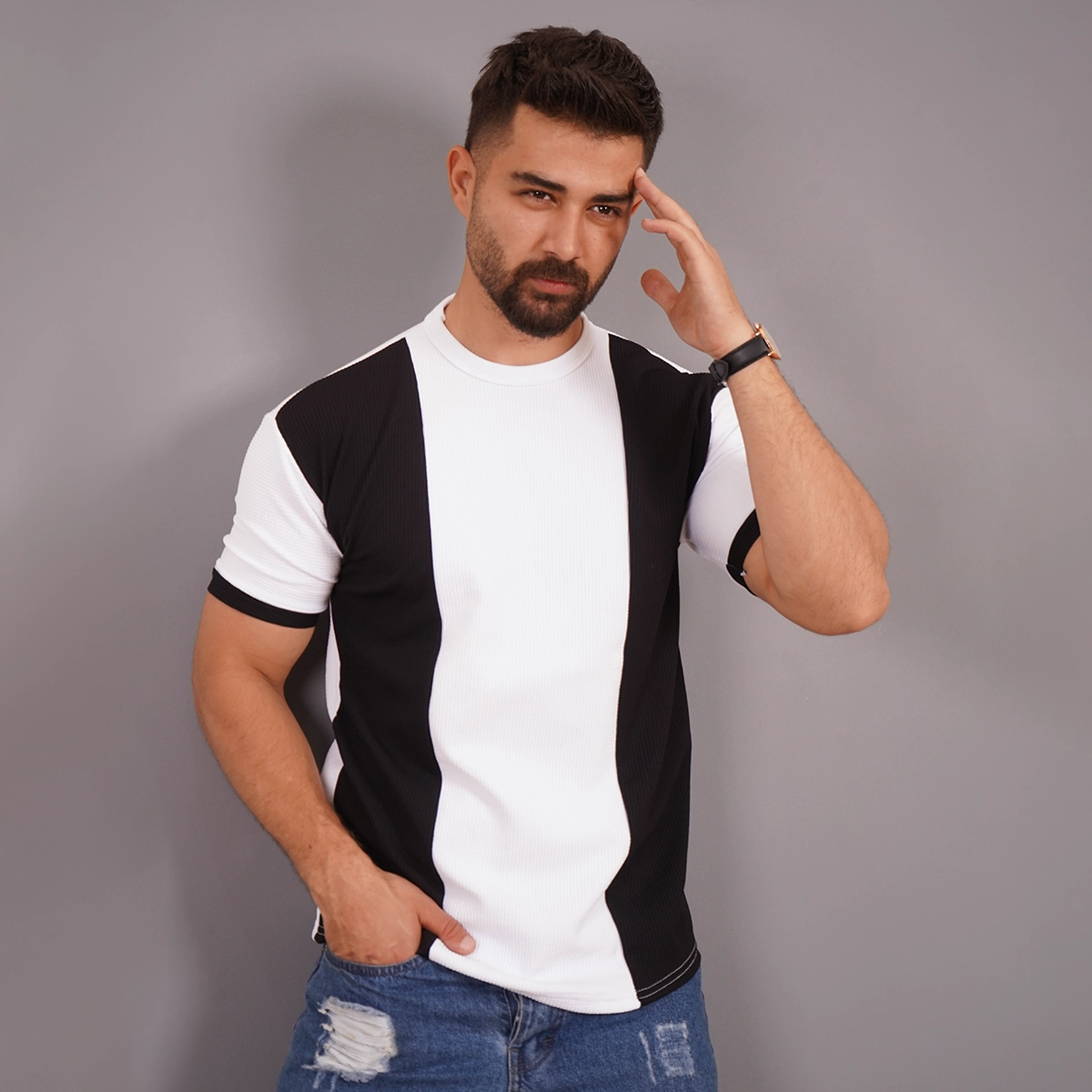 تیشرت مردانه سفید مشکی مدل Kaveh