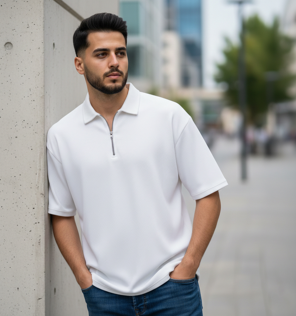 تیشرت مردانه یقه زیپ دار سفید مدل Arban