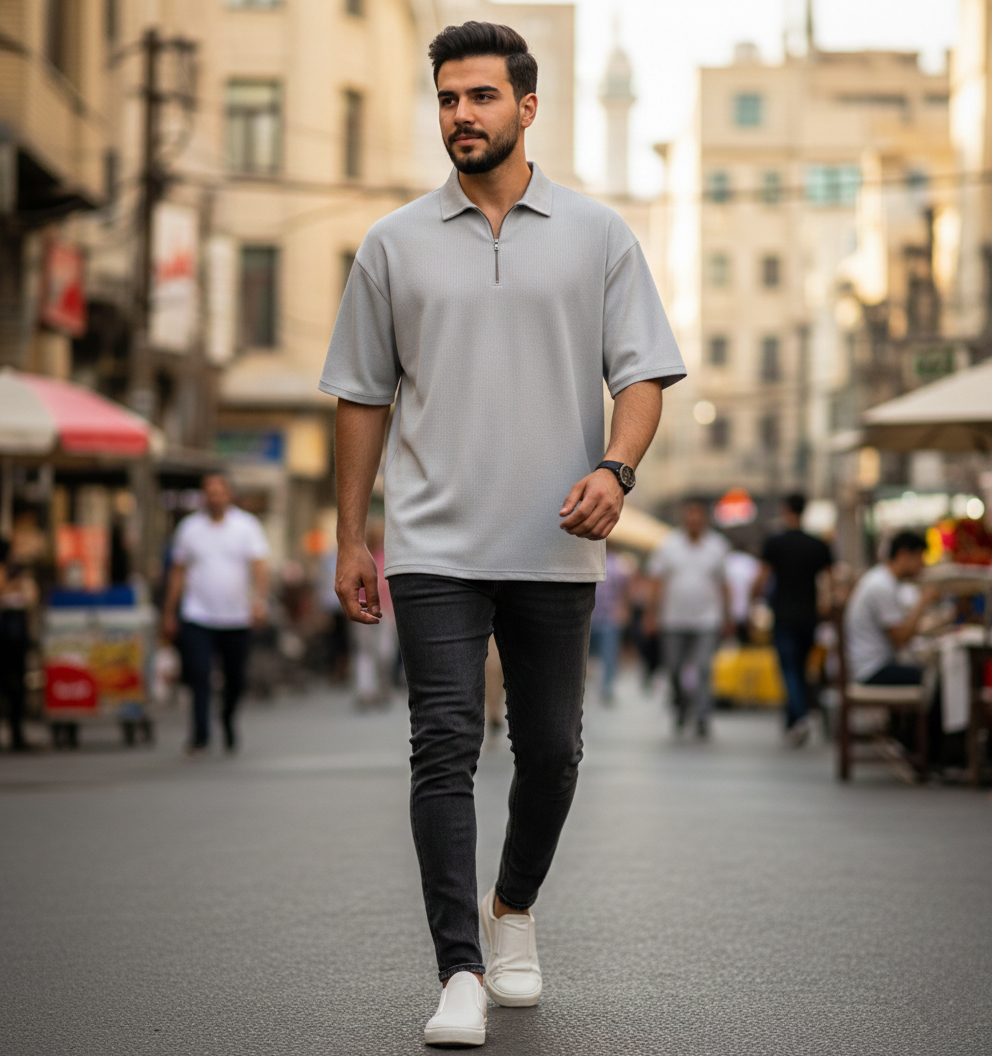 تیشرت مردانه یقه زیپ دار طوسی مدل Arban